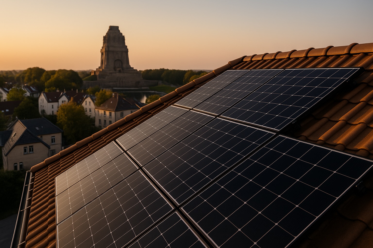 Photovoltaikanlage auf einem Leipziger Hausdach mit dem Völkerschlachtdenkmal im Hintergrund